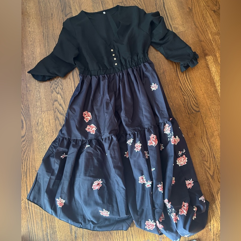 Floral Black and Pink Midi Dress